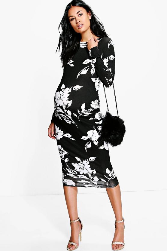 Maternity Mollie Mono Print Midi Bodycon Dress